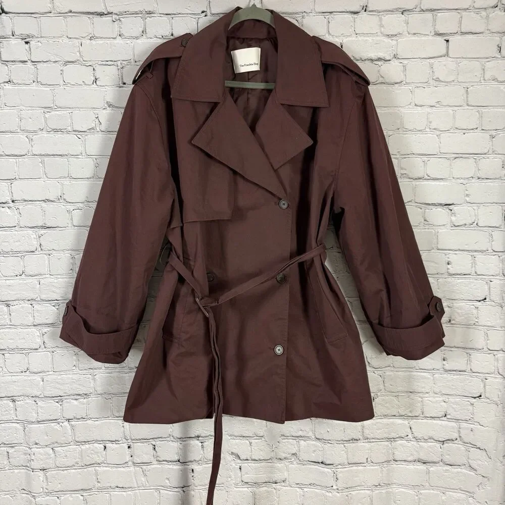The Frankie Shop Lisburn Short Trench Coat Belted in Burgundy One Size O/S - Picture 5 of 15